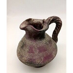 Vtg Primitive Mexican Redware Pottery 8" Pitcher Vase Purple With Etched Lines